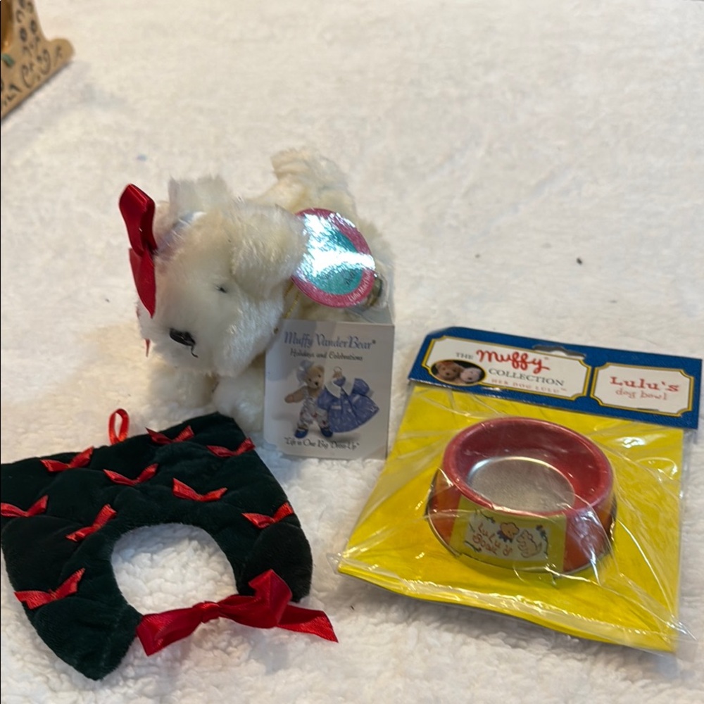 Lulu dog with coat and dog dish